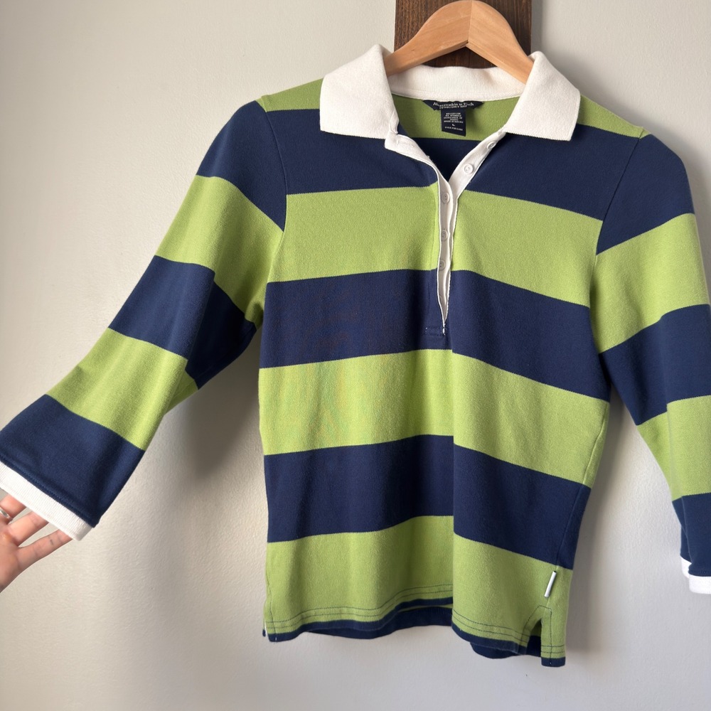Abercrombie & Fitch Y2K Striped Rugby Polo Shirt 3/4 Sleeve Green Navy Blue L